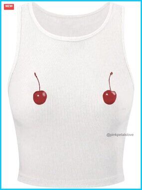 Cherry Print Cropped Tank Top Scoop Neck Sleeveless Slim Fit Summer Top